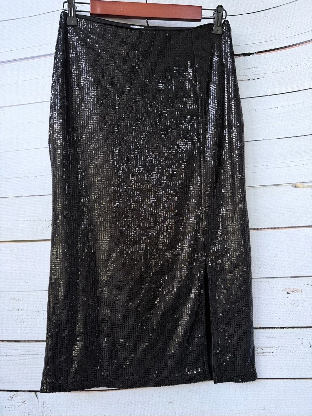 Time and Tru Black Sequin Midi Skirt with Side Slit